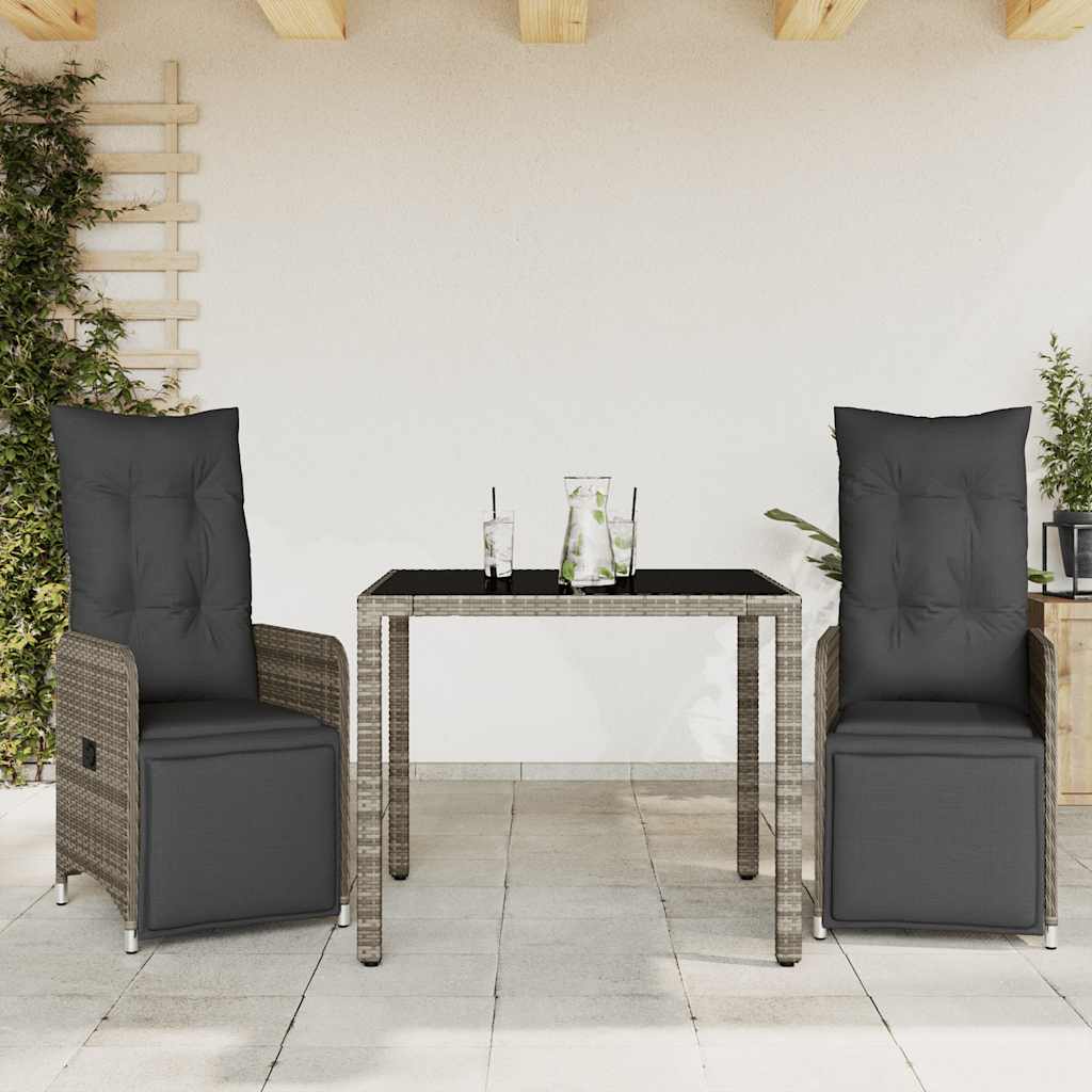 3-Tlg. Garten-Bistro-Set Mit Kissen Grau Poly Rattan