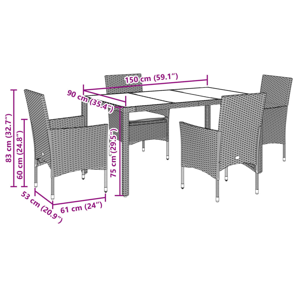 5-Tlg. Garten-Essgruppe Mit Kissen Poly Rattan Und Glas