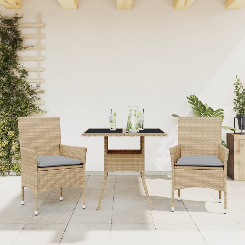 3-Tlg. Garten-Essgruppe Mit Kissen Poly Rattan Glas