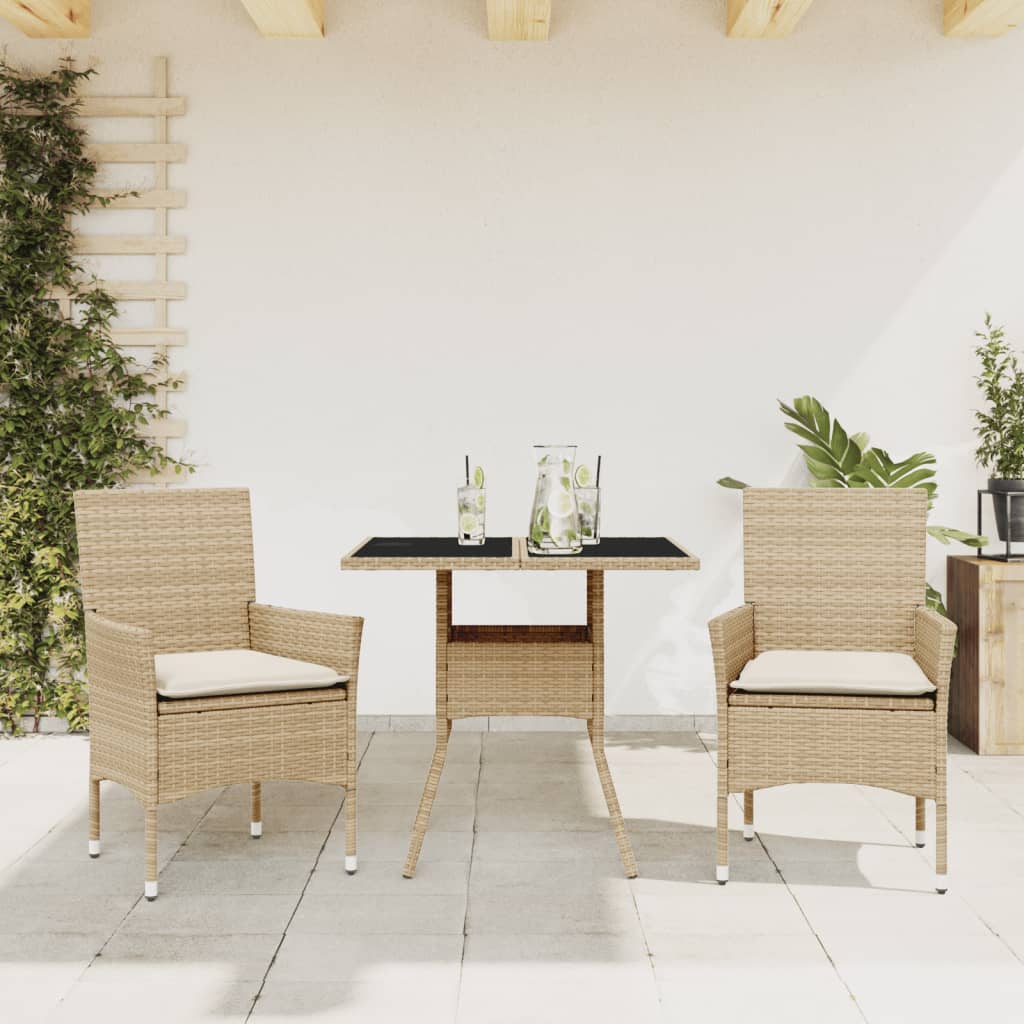 3-Tlg. Garten-Essgruppe Mit Kissen Poly Rattan Glas