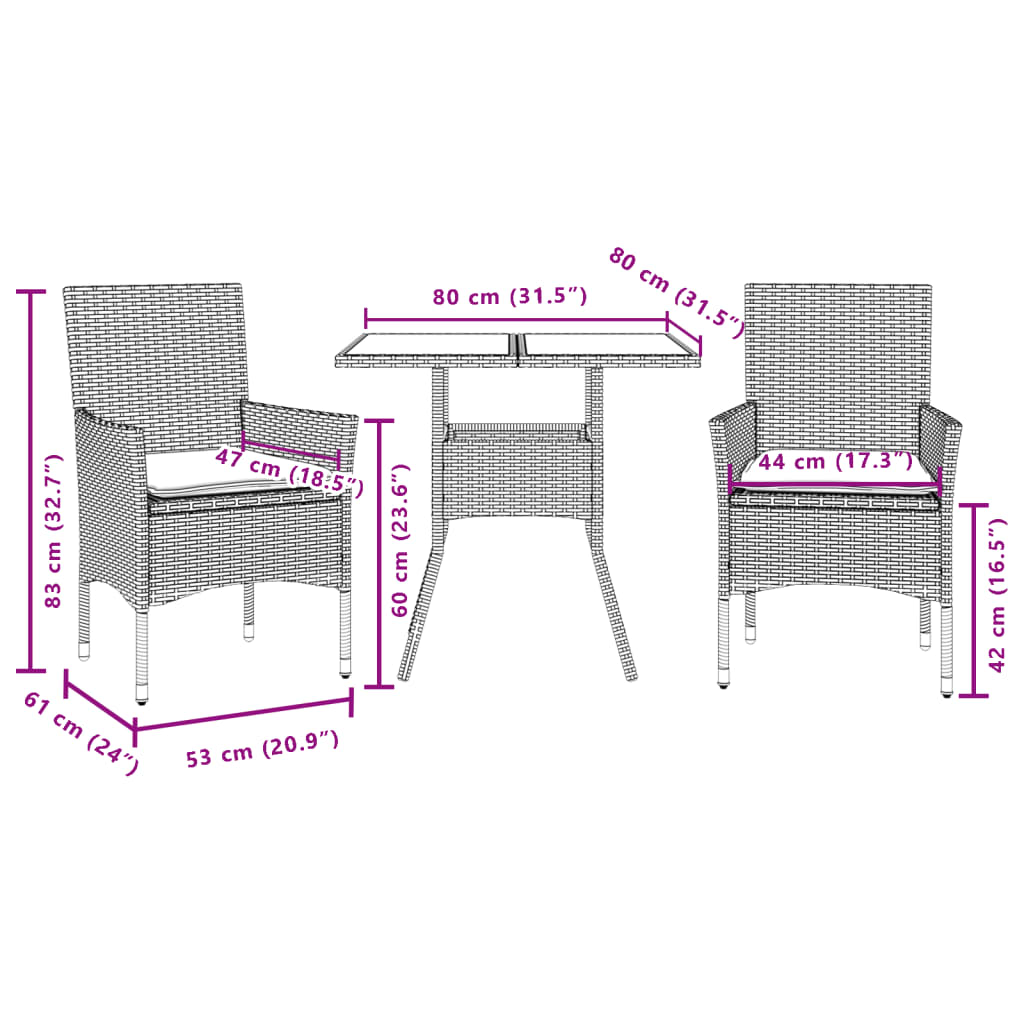 3-Tlg. Garten-Essgruppe Mit Kissen Poly Rattan Glas