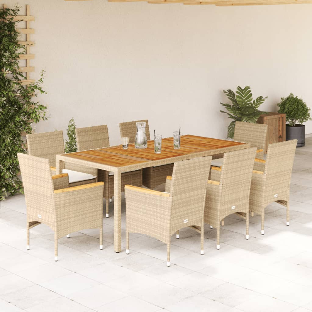 9-Tlg. Garten-Essgruppe Mit Kissen Poly Rattan Akazie