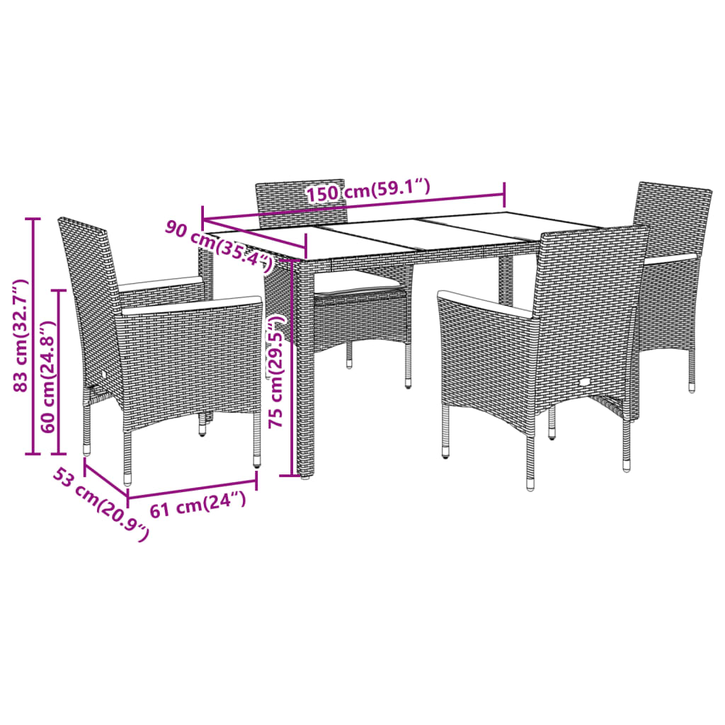 5-Tlg. Garten-Essgruppe Mit Kissen Poly Rattan Und Glas