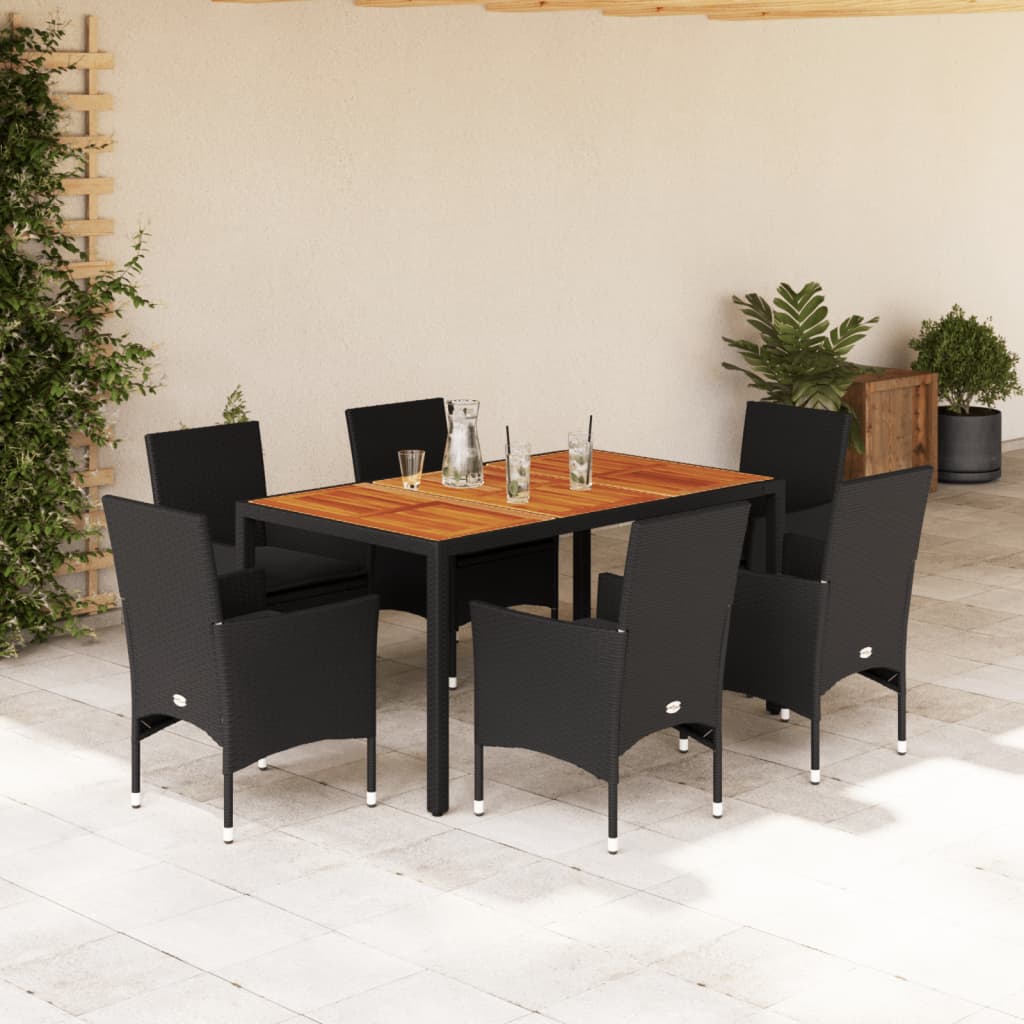 7-Tlg. Garten-Essgruppe Mit Kissen Poly Rattan Akazie