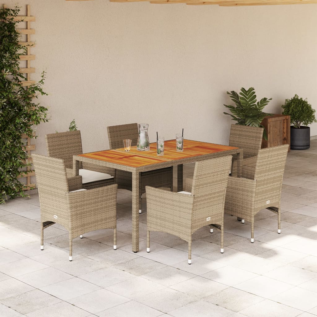 7-Tlg. Garten-Essgruppe Mit Kissen Poly Rattan Akazie