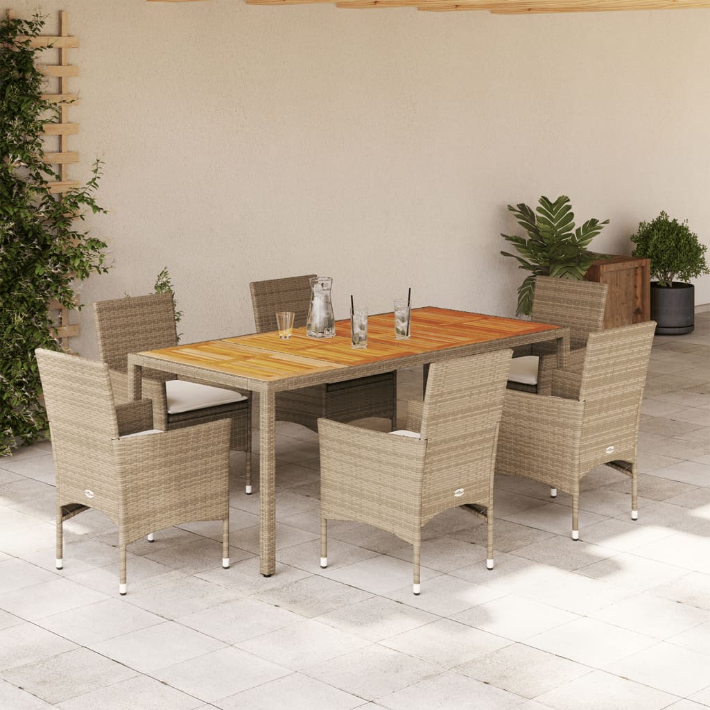 7-Tlg. Garten-Essgruppe Mit Kissen Poly Rattan Akazie