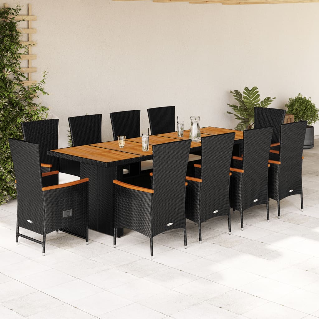 11-Tlg. Garten-Essgruppe Mit Kissen Schwarz Poly Rattan