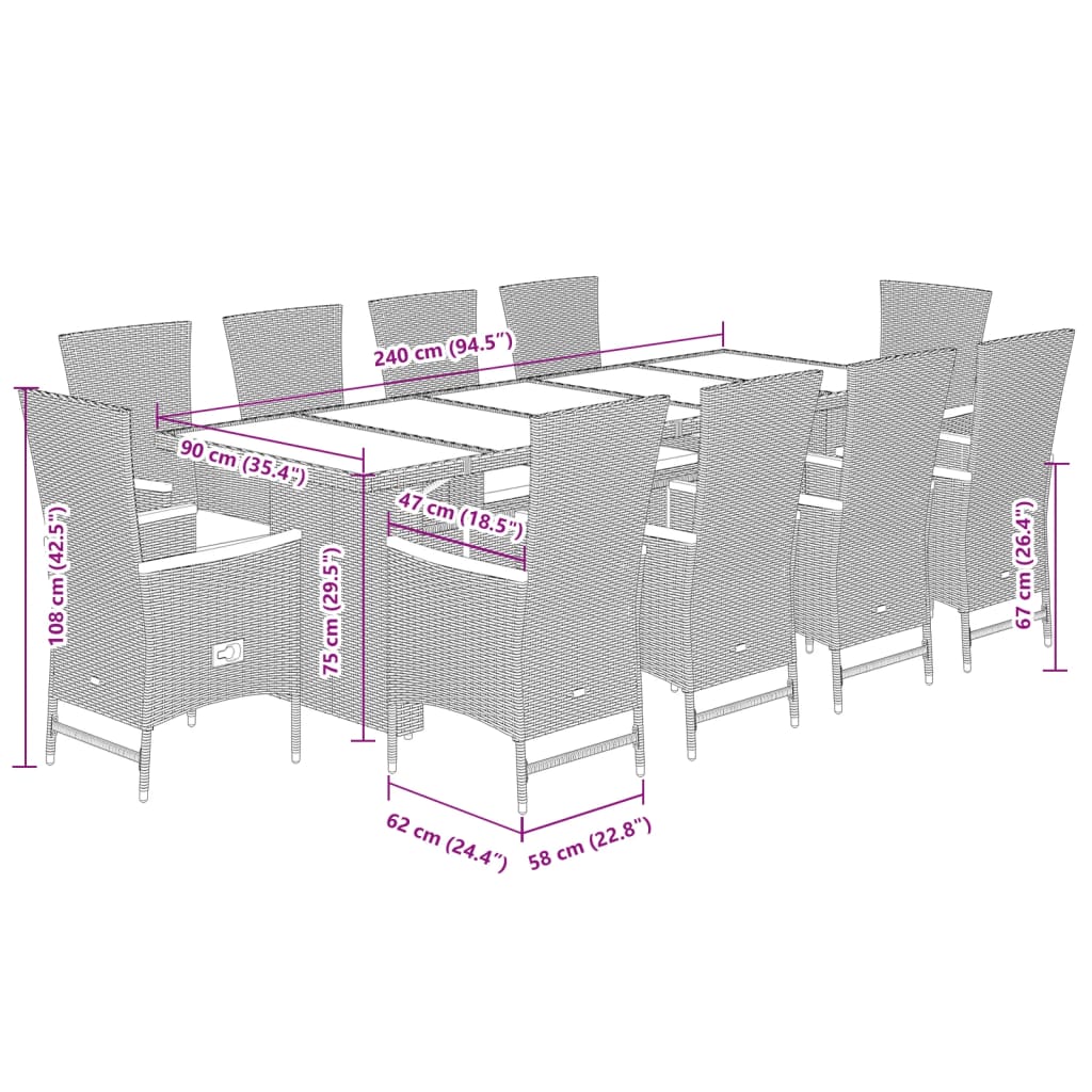 11-Tlg. Garten-Essgruppe Mit Kissen Schwarz Poly Rattan