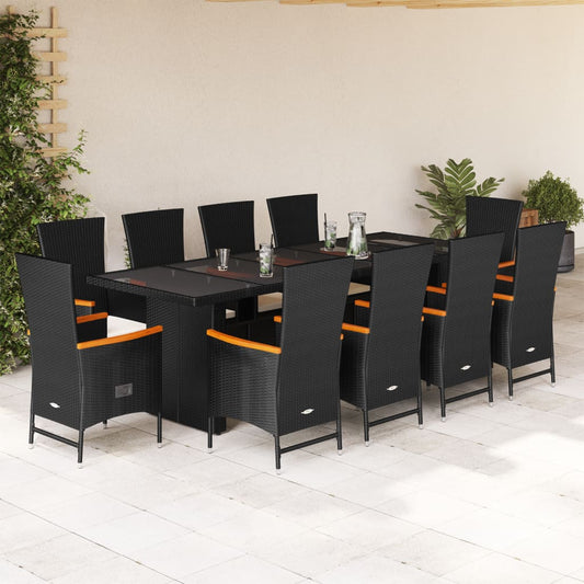 11-Tlg. Garten-Essgruppe Mit Kissen Schwarz Poly Rattan