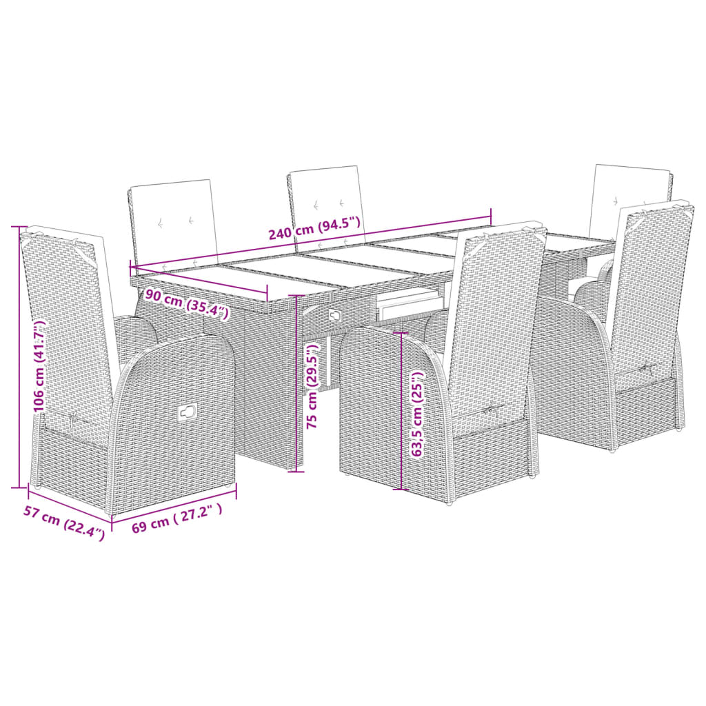 7-Tlg. Garten-Essgruppe Mit Kissen Grau Poly Rattan