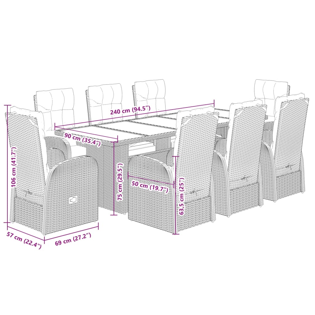9-Tlg. Garten-Essgruppe Mit Kissen Schwarz Poly Rattan