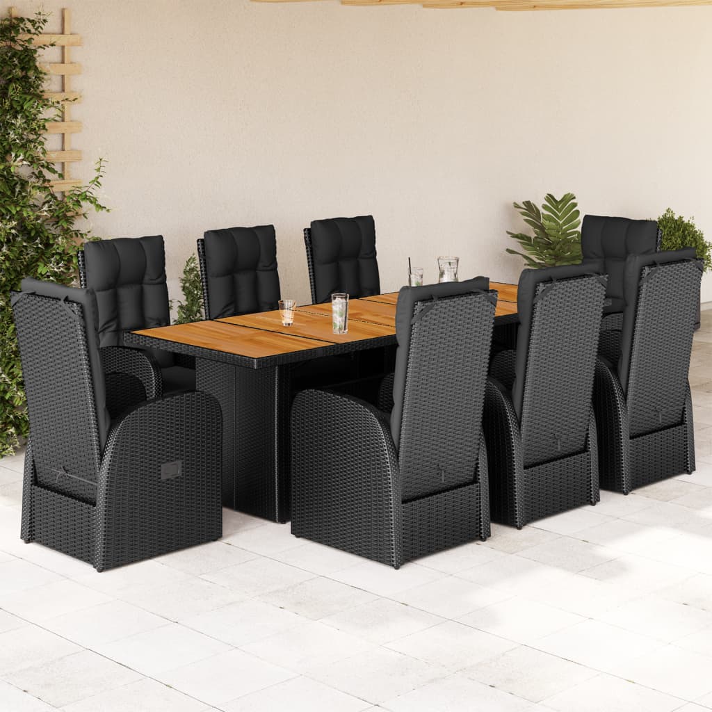 9-Tlg. Garten-Essgruppe Mit Kissen Schwarz Poly Rattan