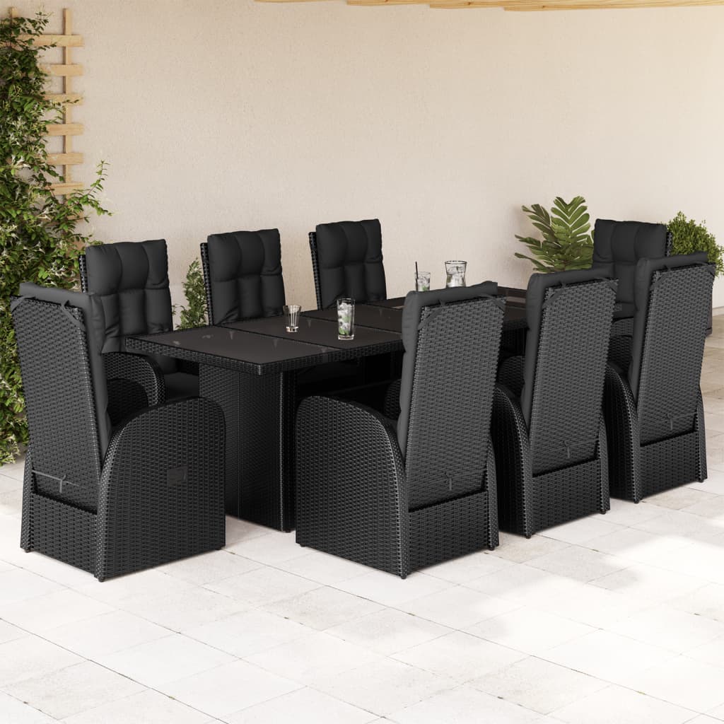9-Tlg. Garten-Essgruppe Mit Kissen Schwarz Poly Rattan