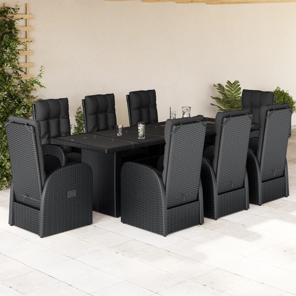 9-Tlg. Garten-Essgruppe Mit Kissen Schwarz Poly Rattan