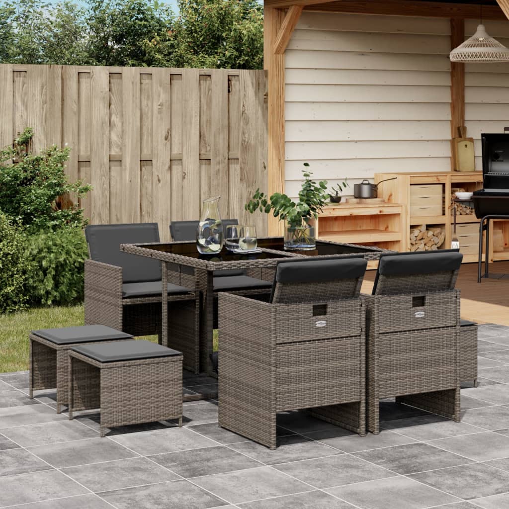 9-Tlg. Garten-Essgruppe Mit Kissen Poly Rattan