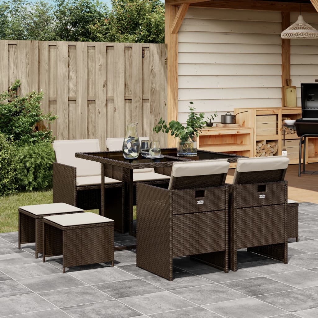 9-Tlg. Garten-Essgruppe Mit Kissen Poly Rattan