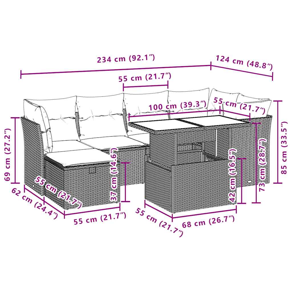 7-Teiliges Gartensofa-Set Mit Kissen, Es Polyrattan