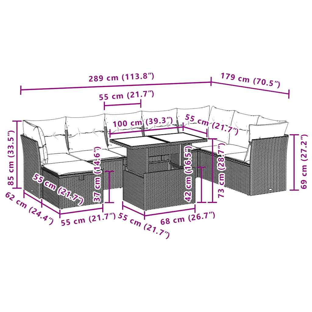 9-Teiliges Gartensofa-Set Mit Kissen, Es Polyrattan
