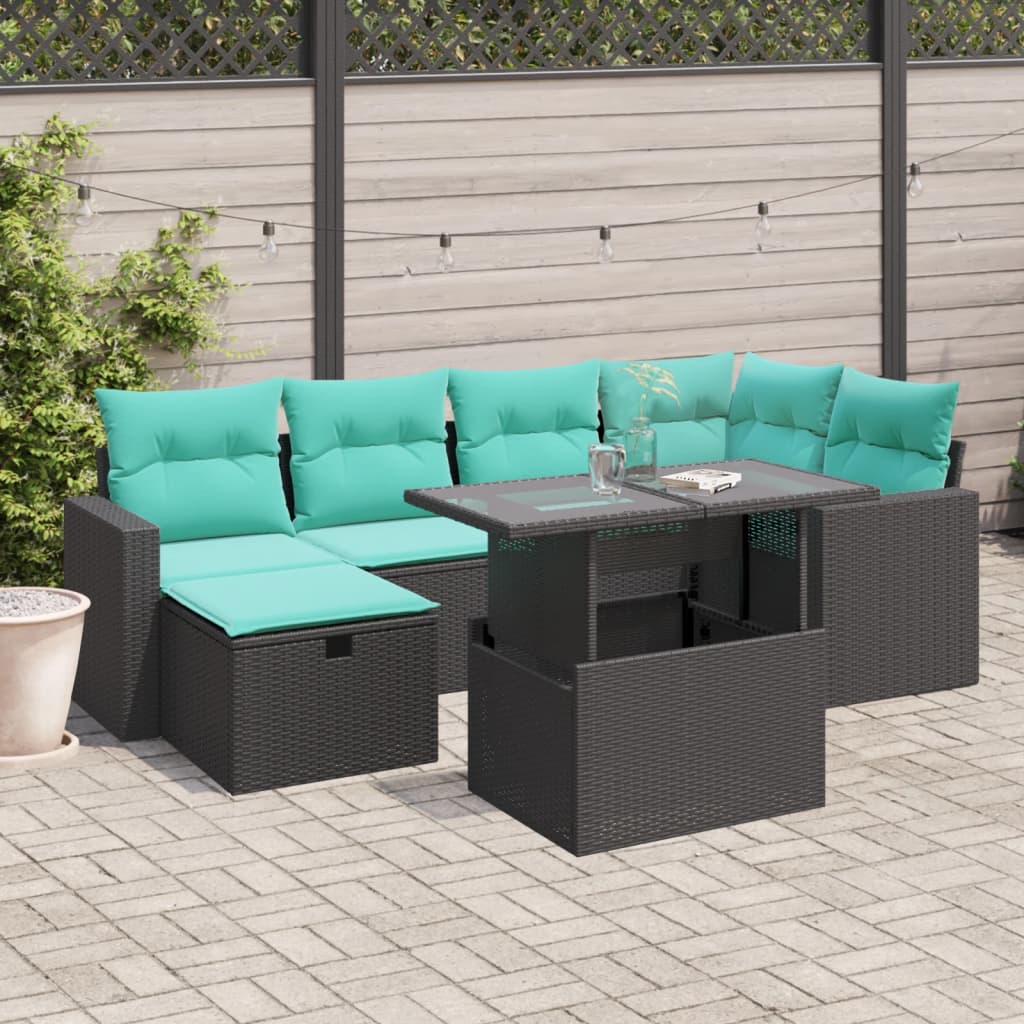 7-Tlg. Garten-Sofagarnitur Mit Kissen Poly Rattan Akazie