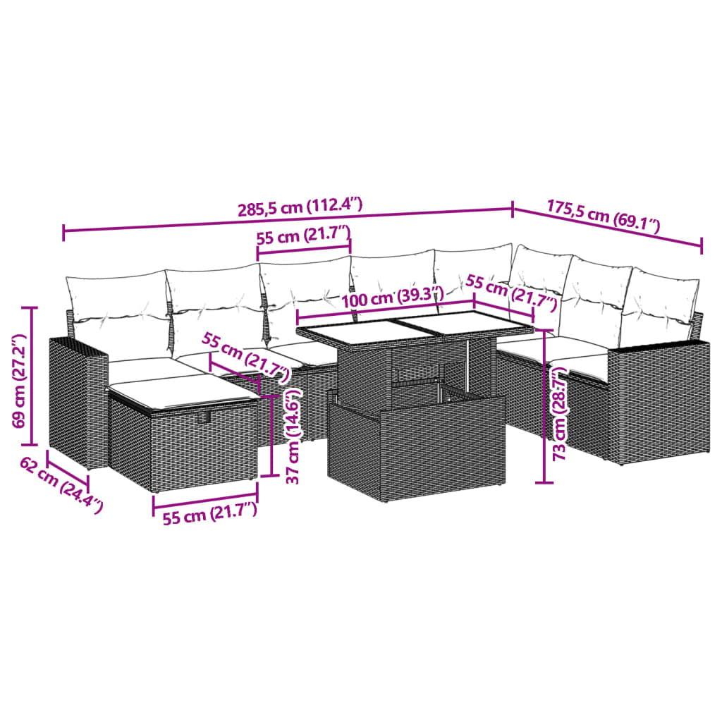 9-Tlg. Garten-Sofagarnitur Mit Kissen Poly Rattan