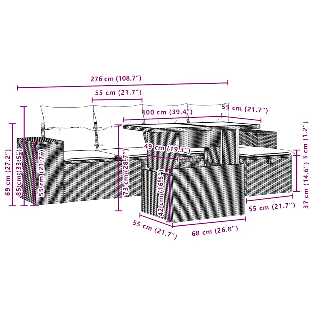 6-Teiliges Gartensofa-Set Mit Kissen, Es Polyrattan
