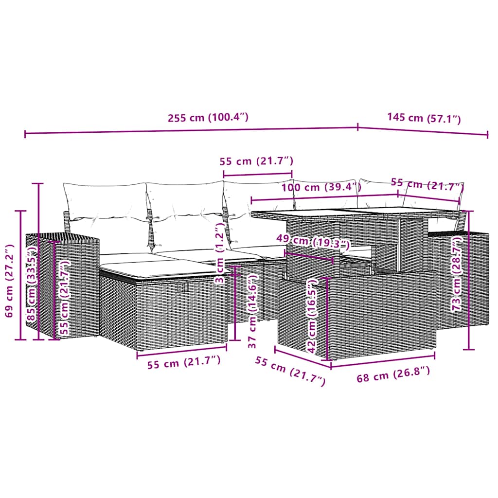 7-Teiliges Gartensofa-Set Mit Kissen, Es Polyrattan