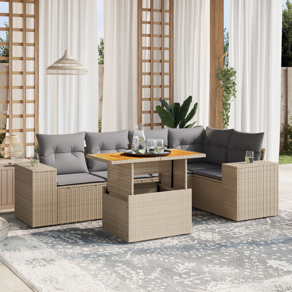 6-Tlg. Garten-Sofagarnitur Mit Kissen Grau Poly Rattan