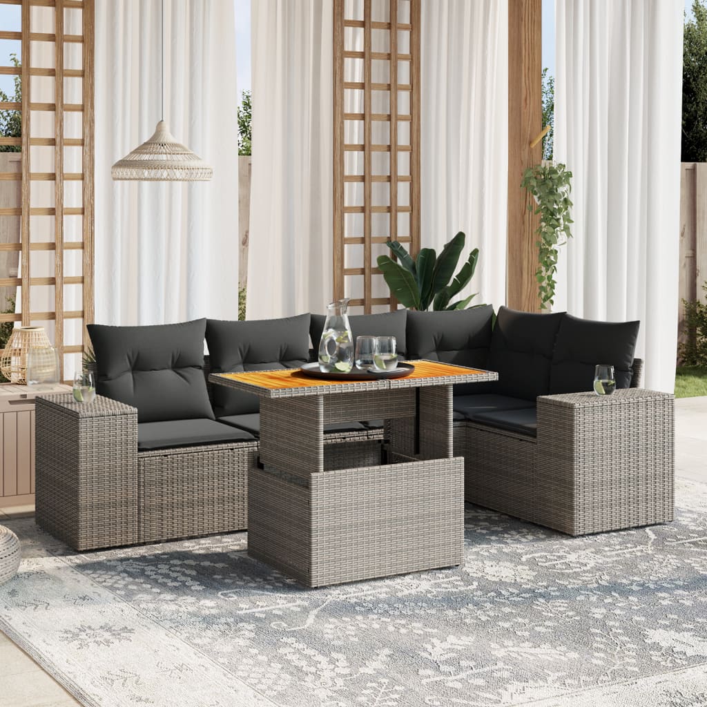 6-Tlg. Garten-Sofagarnitur Mit Kissen Grau Poly Rattan