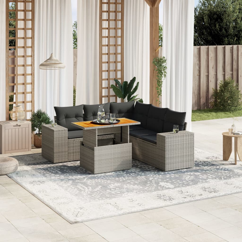 6-Tlg. Garten-Sofagarnitur Mit Kissen Grau Poly Rattan
