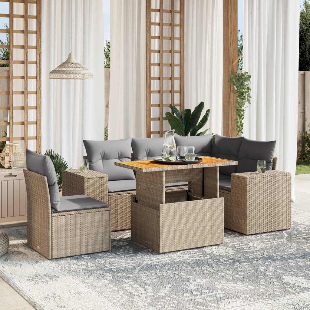 6-Tlg. Garten-Sofagarnitur Mit Kissen Grau Poly Rattan