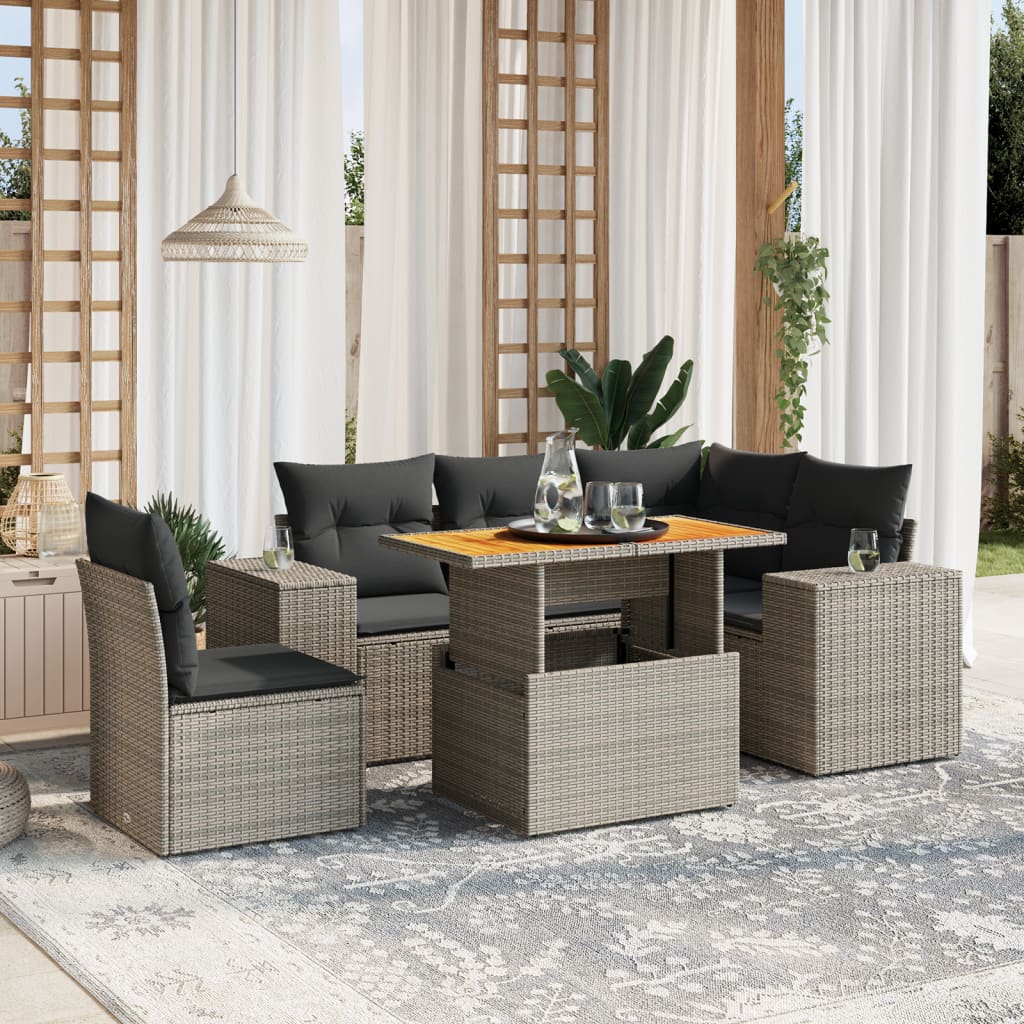 6-Tlg. Garten-Sofagarnitur Mit Kissen Grau Poly Rattan