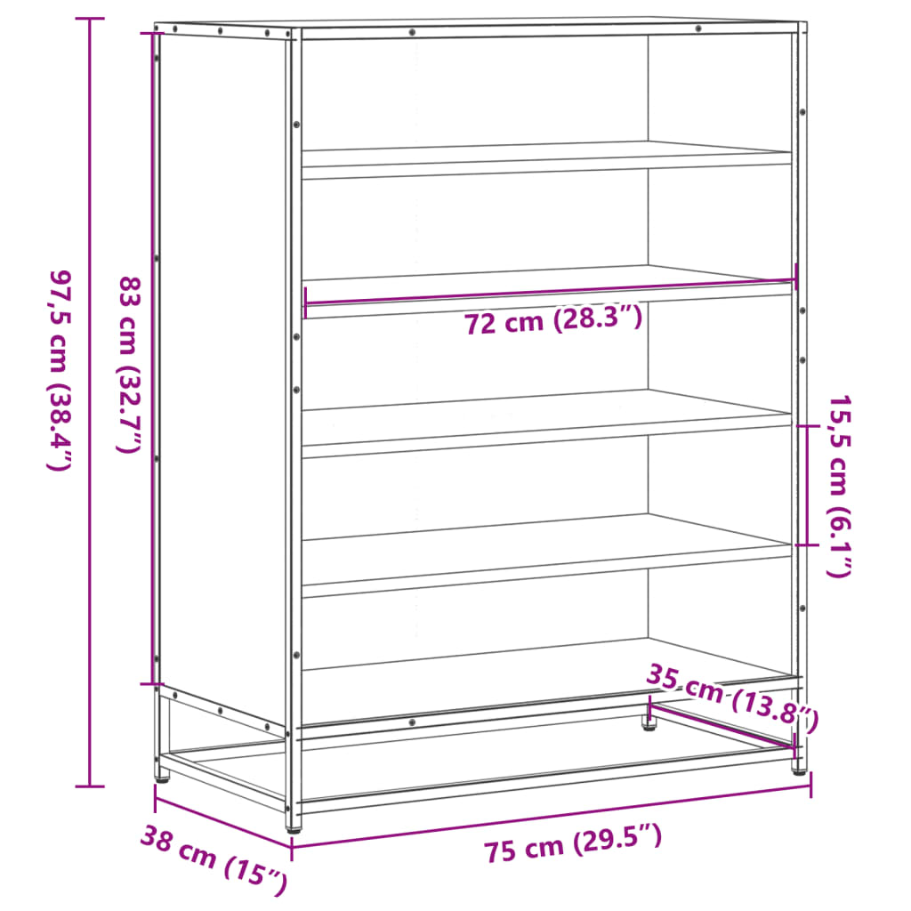 Schuhschrank 75X38X97,5 Cm Holzwerkstoff Metall Räuchereiche