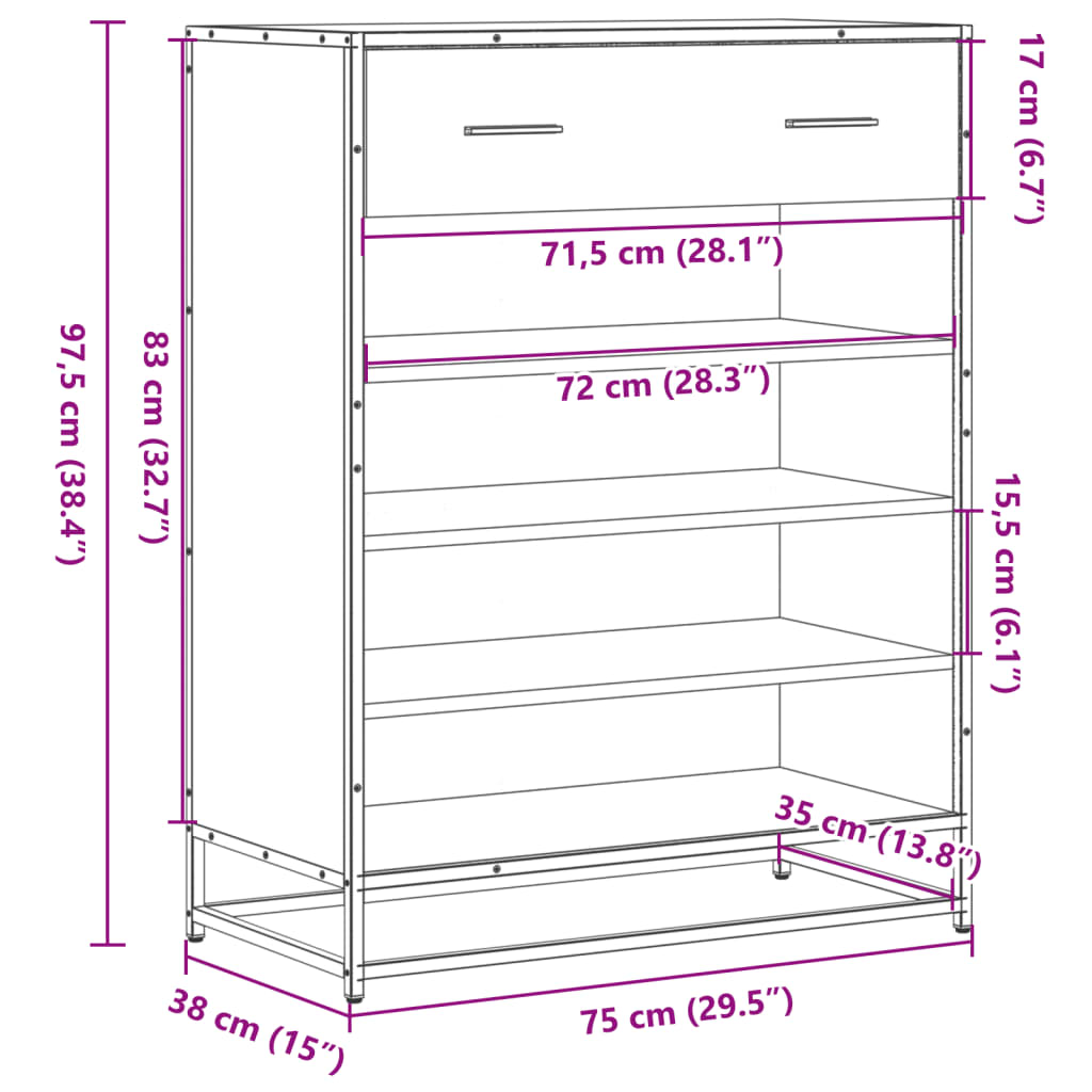 Schuhschrank 75X38X97,5 Cm Holzwerkstoff Metall Sonoma Eiche