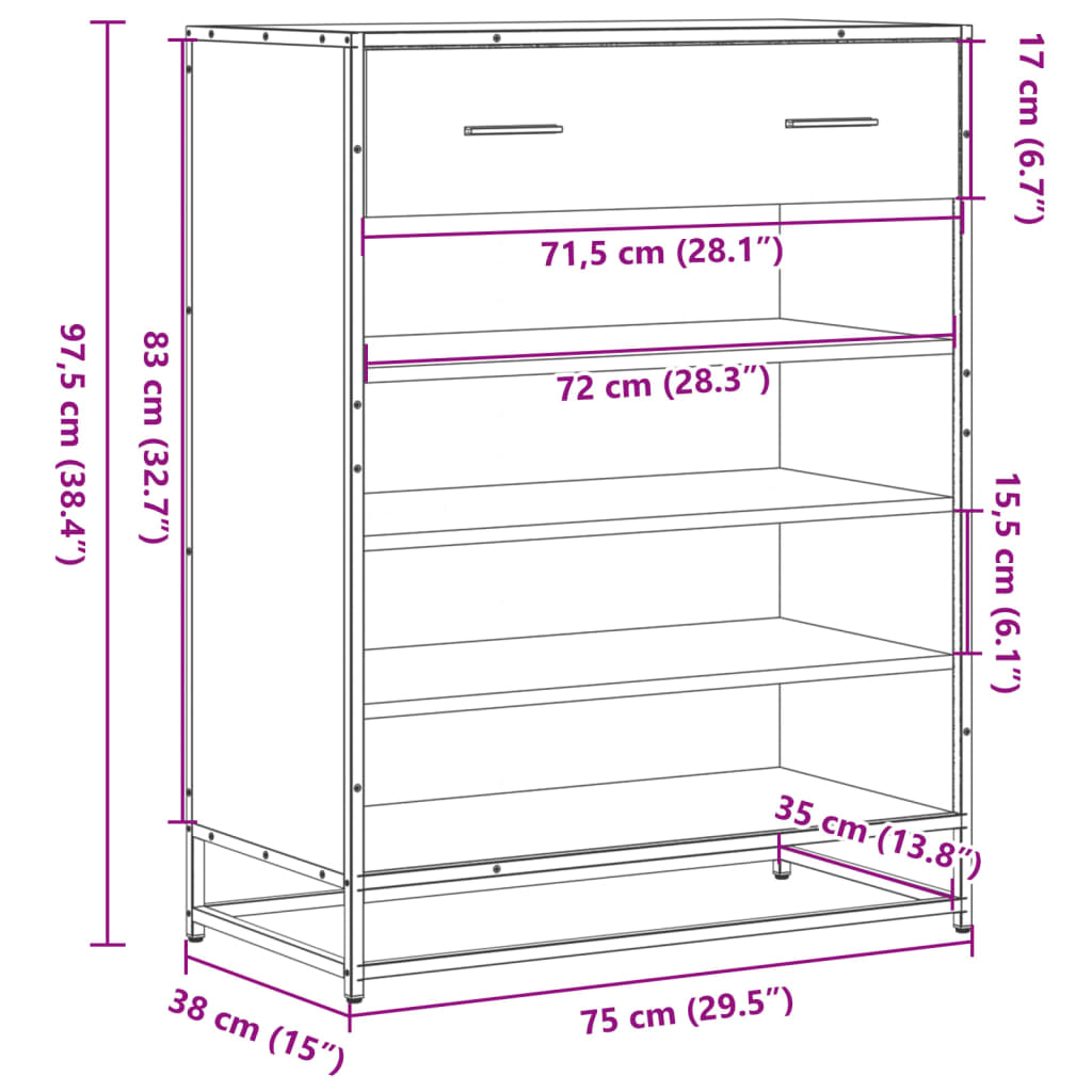 Schuhschrank 75X38X97,5 Cm Holzwerkstoff Metall Räuchereiche