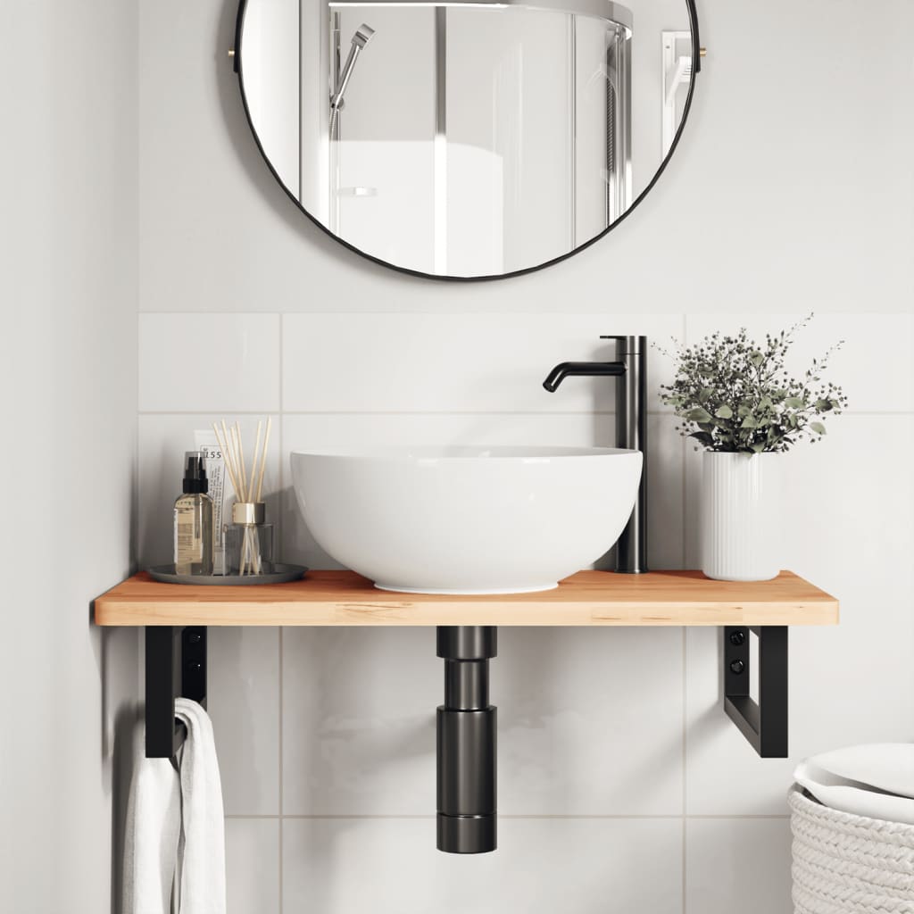 Waschbeckenregal Wandmontage Stahl Und Massivholz Buche Dunkelbraun Und Schwarz