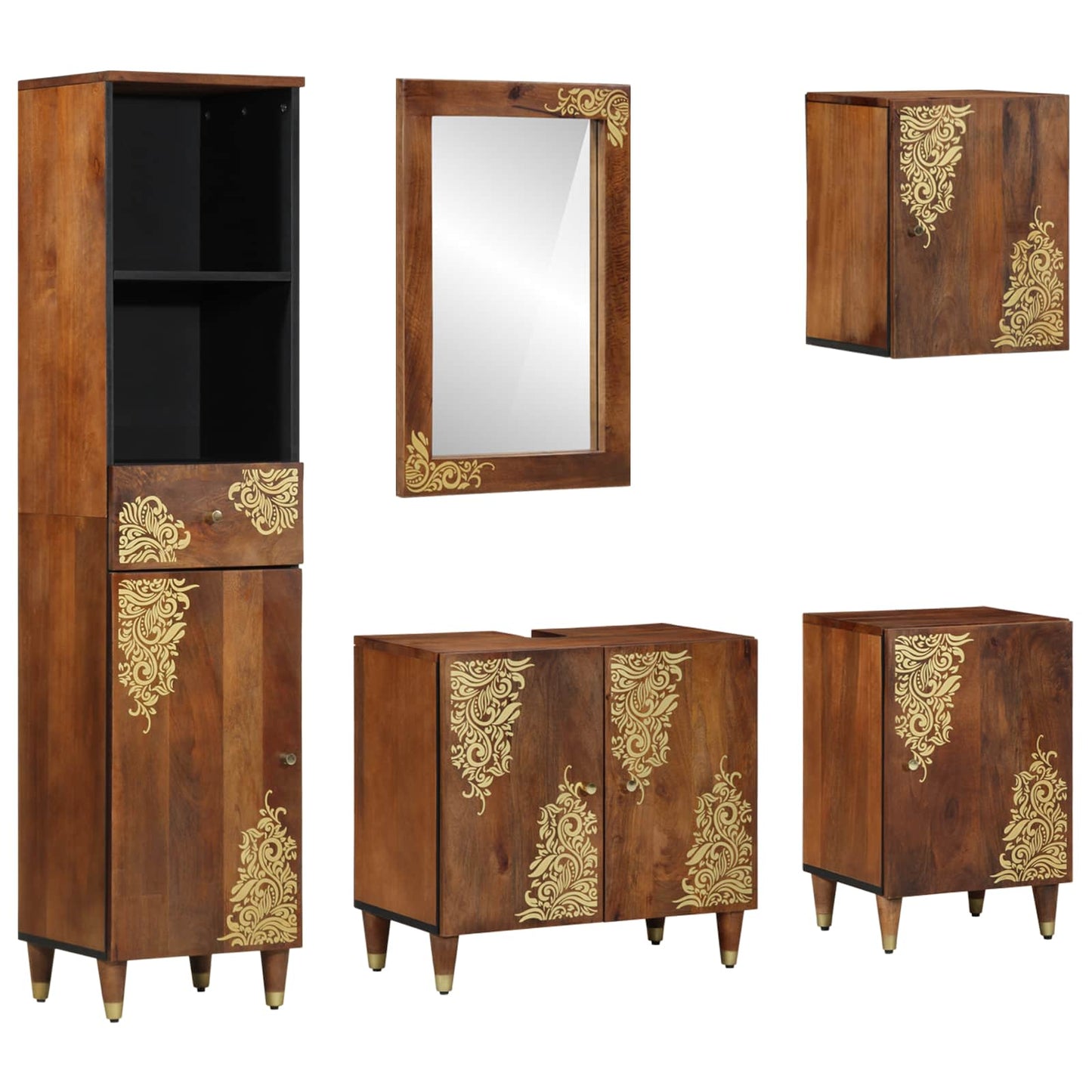 Badezimmerschrank-Set Mit Tür 5 Pcs Honigbraun Massivholz Mango