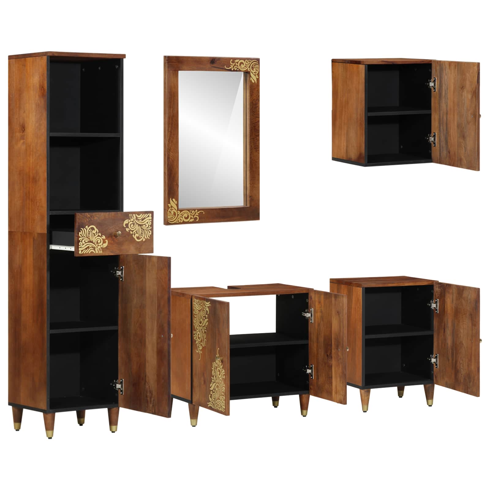 Badezimmerschrank-Set Mit Tür 5 Pcs Honigbraun Massivholz Mango