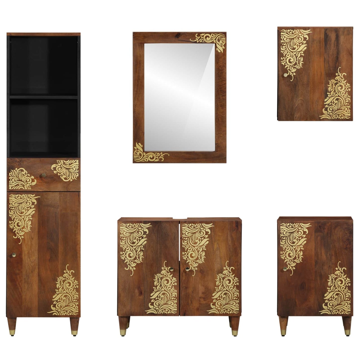 Badezimmerschrank-Set Mit Tür 5 Pcs Honigbraun Massivholz Mango