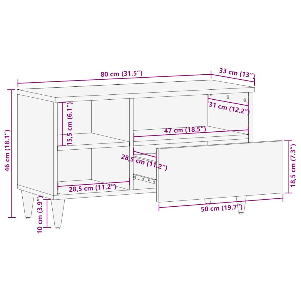 Tv-Schrank 80X33X46 Cm Massivholz Mango