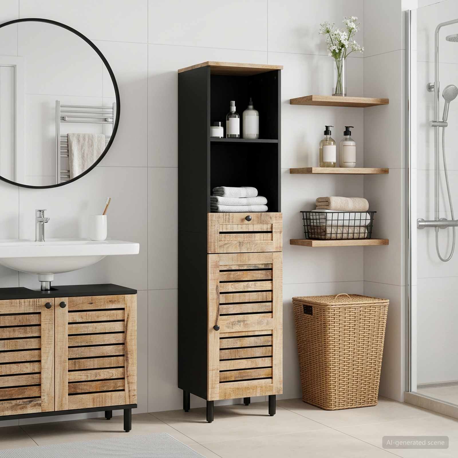 Badezimmerschrank Mit Tür Braun Und Schwarz 38 X 33,5 X 160 Cm