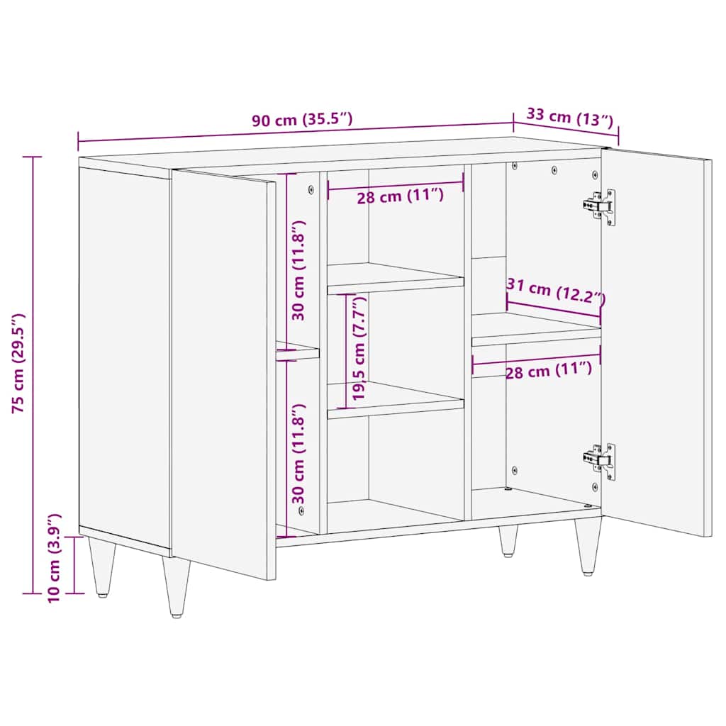 Sideboard Braun 90 X 33,5 X 75 Cm Massivholz Mango