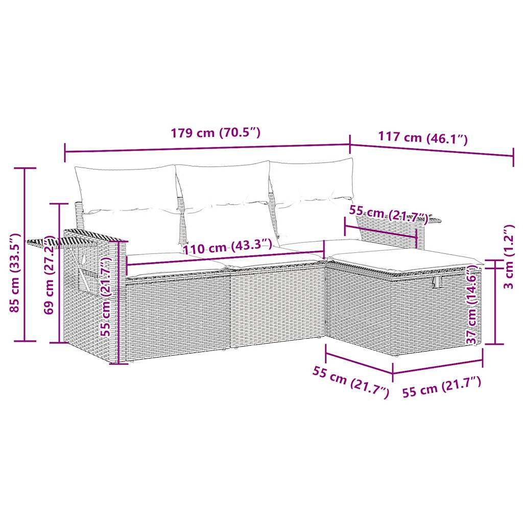 4-Tlg. Garten-Sofagarnitur Mit Kissen Poly Rattan