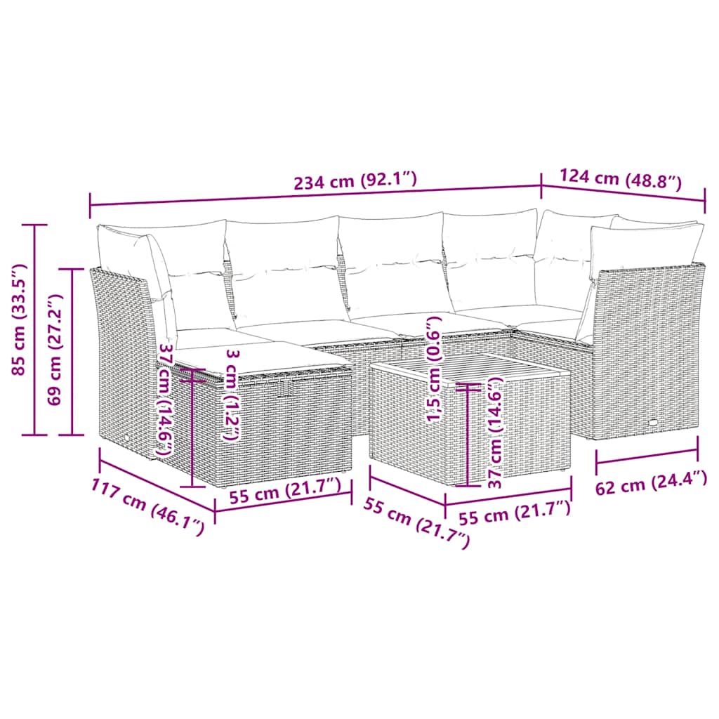 7-Tlg. Garten-Sofagarnitur Mit Kissen Poly Rattan