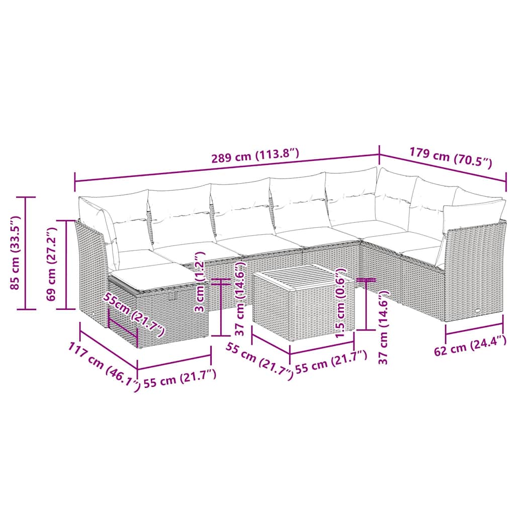 9-Tlg. Garten-Sofagarnitur Mit Kissen Poly Rattan