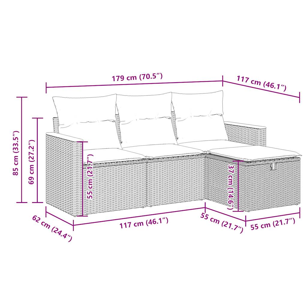 4-Tlg. Garten-Sofagarnitur Mit Kissen Poly Rattan