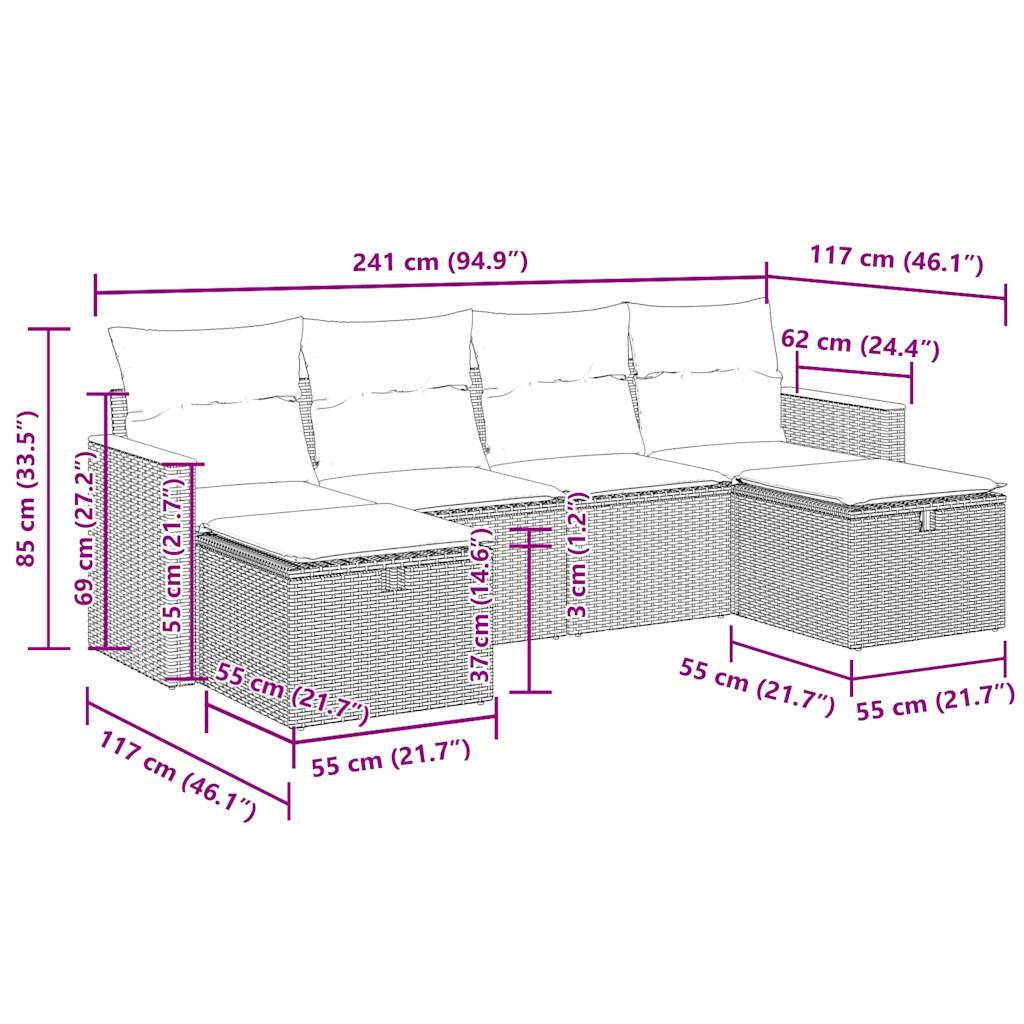 6-Tlg. Garten-Sofagarnitur Mit Kissen Poly Rattan
