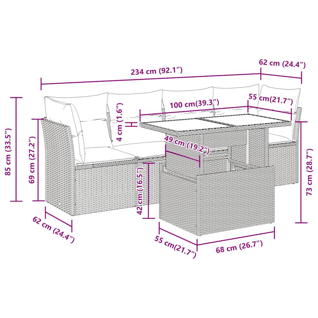 5-Tlg. Garten-Sofagarnitur Mit Kissen Poly Rattan