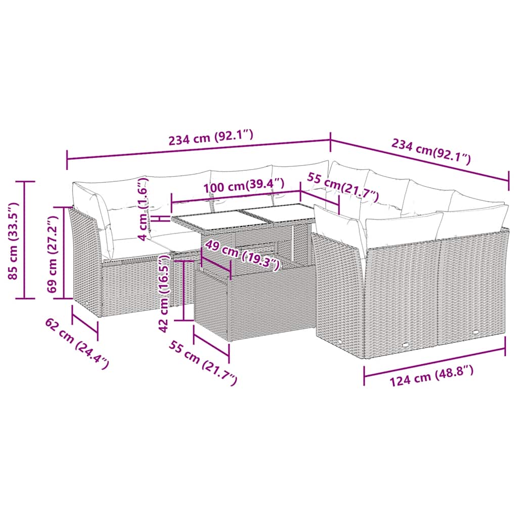 9-Tlg. Garten-Sofagarnitur Mit Kissen Beige Poly Rattan