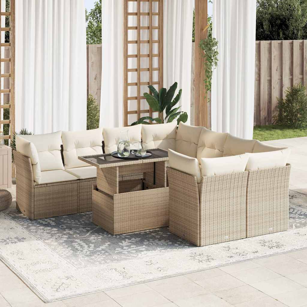 9-Tlg. Garten-Sofagarnitur Mit Kissen Beige Poly Rattan