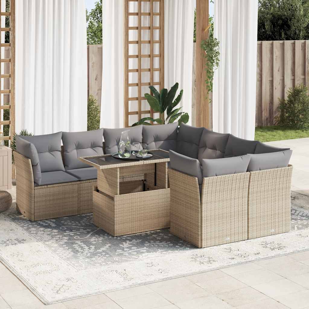 9-Tlg. Garten-Sofagarnitur Mit Kissen Beige Poly Rattan